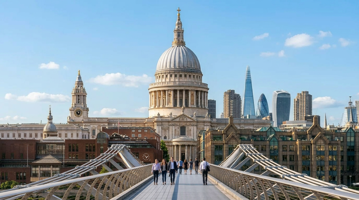 London Millennium Bridge with St Paul's Cathedral at sunset